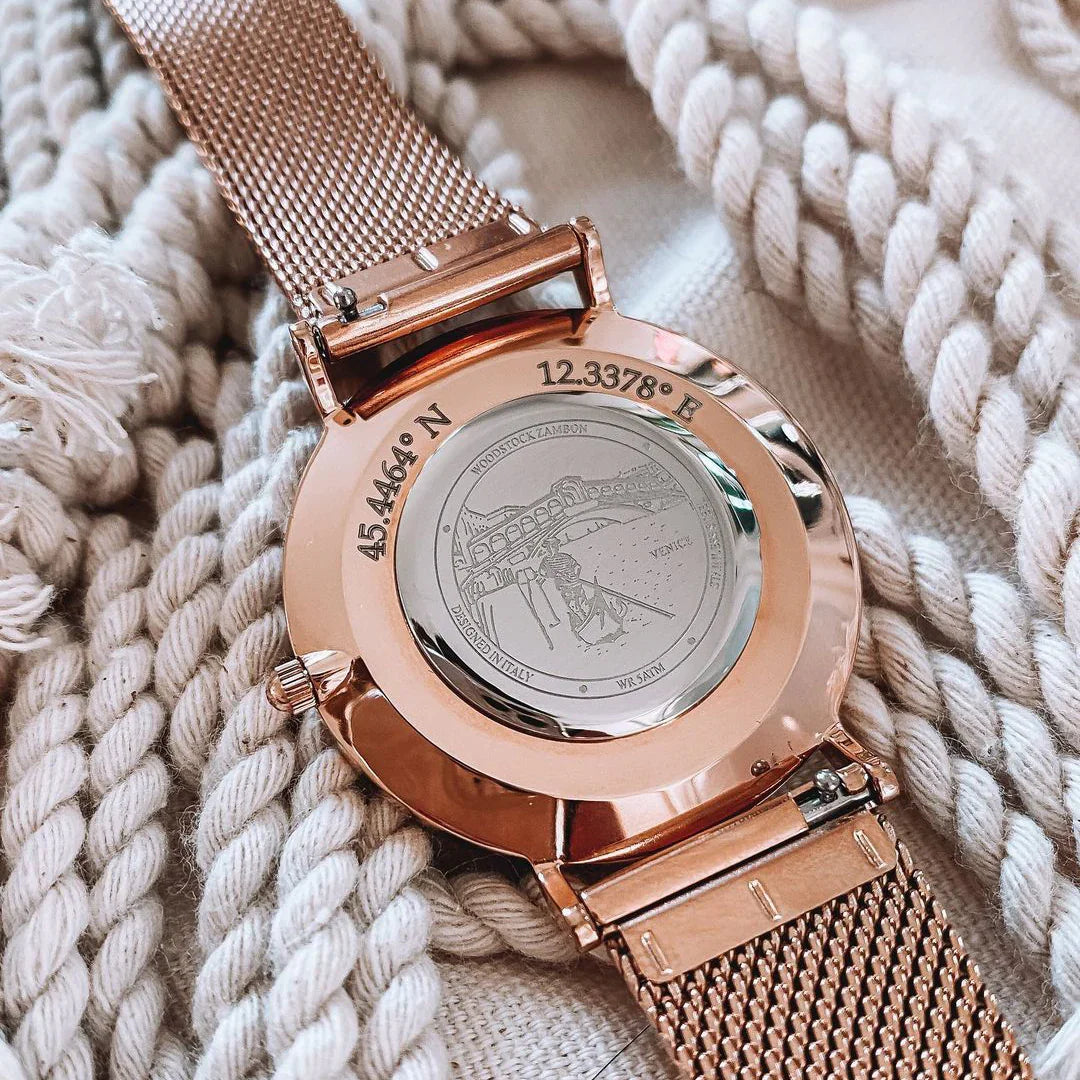 Unisex White Dial Map Watch 36mm Rose Gold - Sunset White