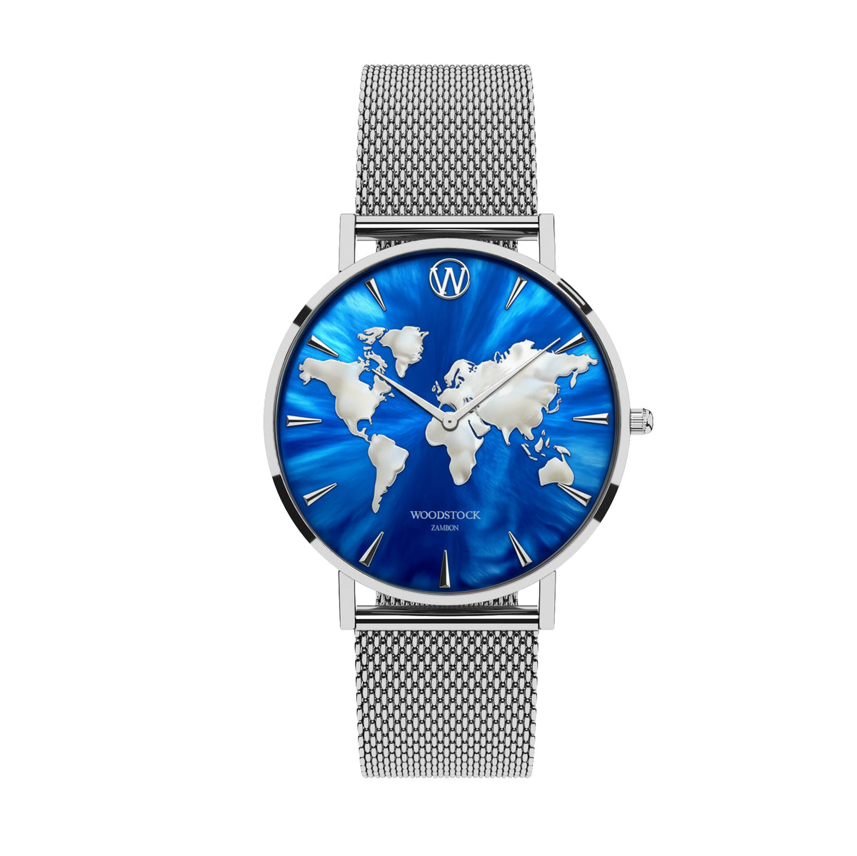 Waterproof Unisex Watch Deep Sea 36mm Raised World Map Silver Blue
