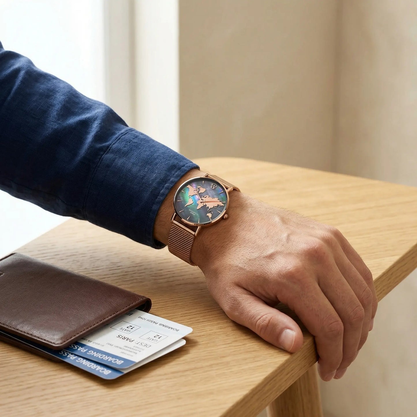 Men's waterproof 18K gold plated watch with reflective world map dial on mother of pearl background Woodstock Zambon worn on wrist