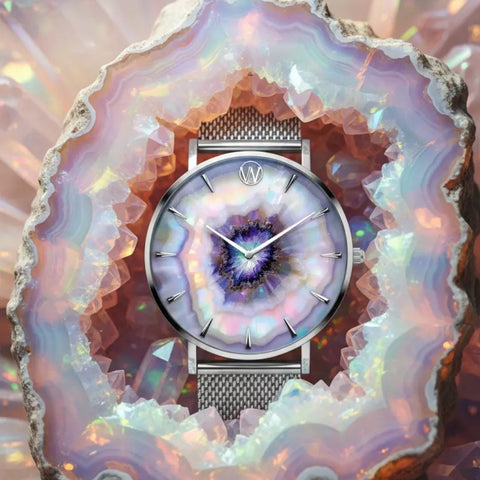 Woodstock Zambon silver watch for women with iridescent purple agate stone dial inside geode crystal