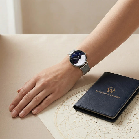 Women's waterproof watch with blue goldstone mountain dial Woodstock Zambon worn on wrist