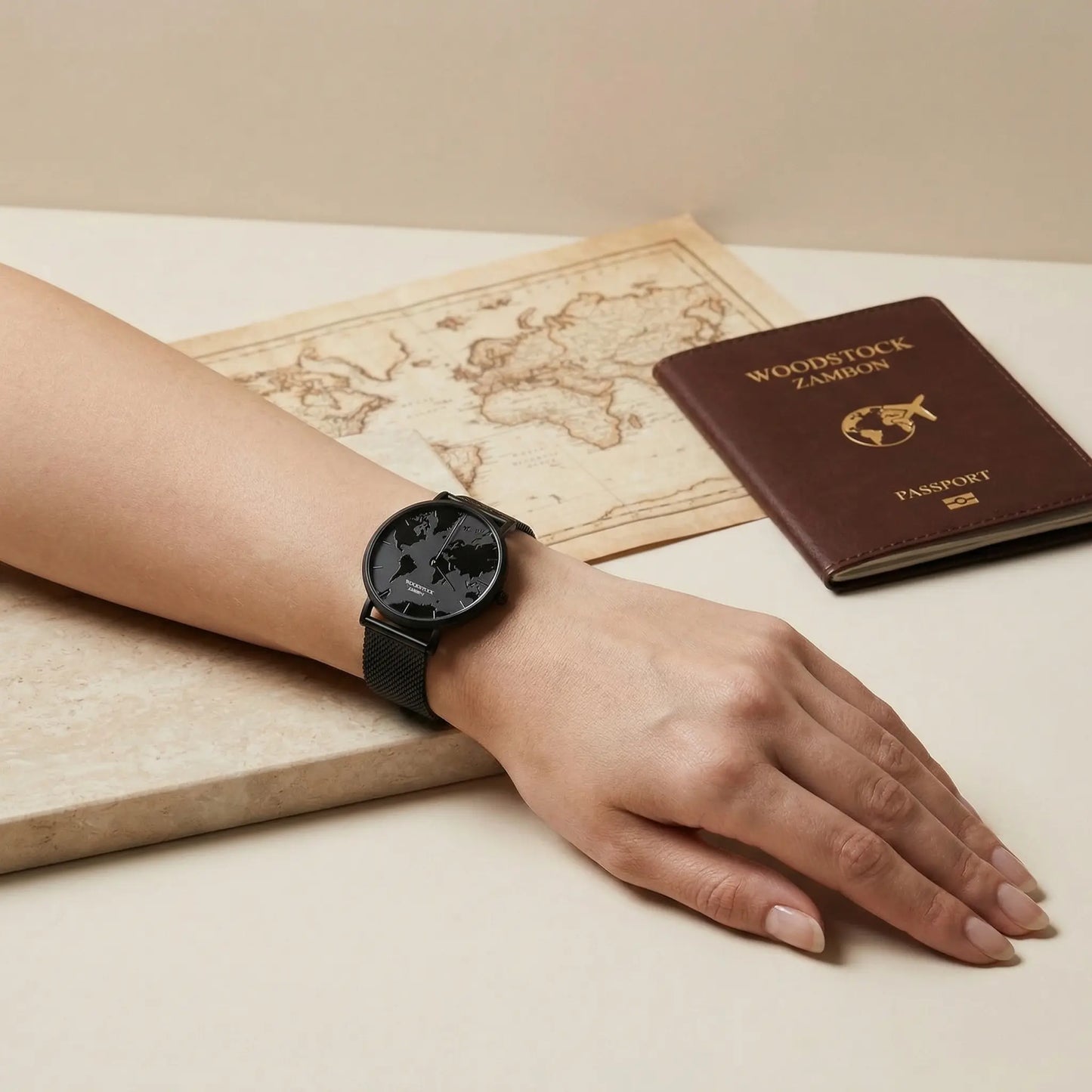 Women's waterproof watch with black reflective world map dial Woodstock Zambon worn on wrist
