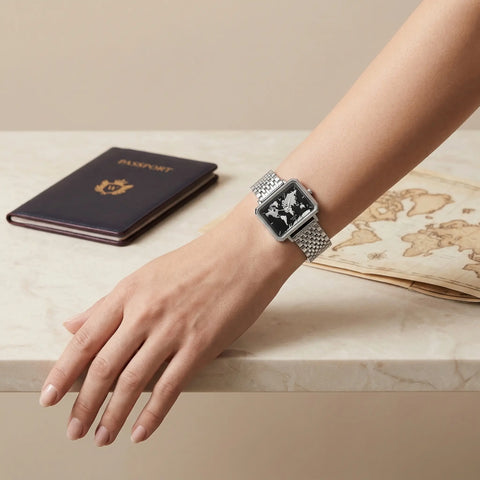 Women's waterproof square watch with black reflective world map dial Woodstock Zambon worn on wrist