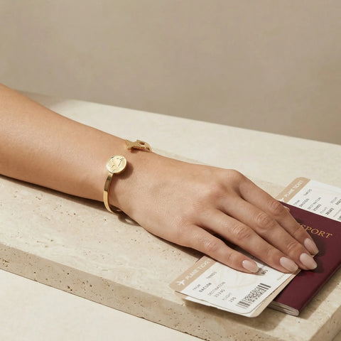 18k gold plated world map bracelet with airplane charm for women, stainless steel waterproof travel jewelry on wrist with passport and boarding pass