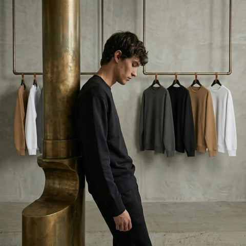 Man wearing GoodFly black crewneck travel sweatshirt — lightweight, packable and wrinkle-resistant sweatshirt designed for male travelers and carry-on comfort.