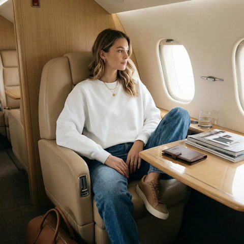Woman wearing GoodFly white crewneck travel sweatshirt seated in a private jet — lightweight, packable, wrinkle-resistant sweatshirt designed for travelers.