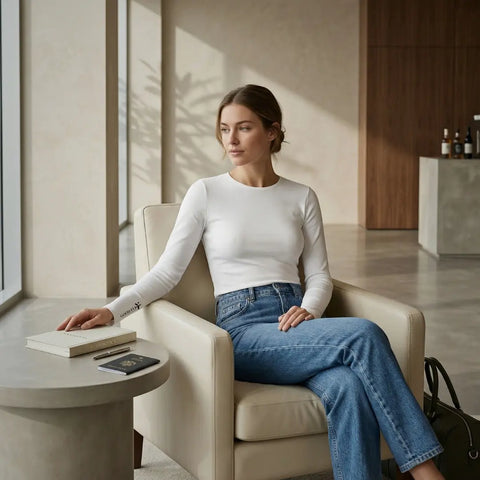 Woman seated in a lounge wearing GoodFly white long-sleeve travel bodysuit, passport and bag on table — lightweight, travel-ready women’s top.