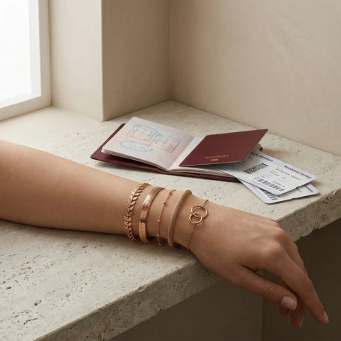 Rose gold waterproof bracelet stack on woman’s wrist with passport and boarding pass — layered travel bracelets