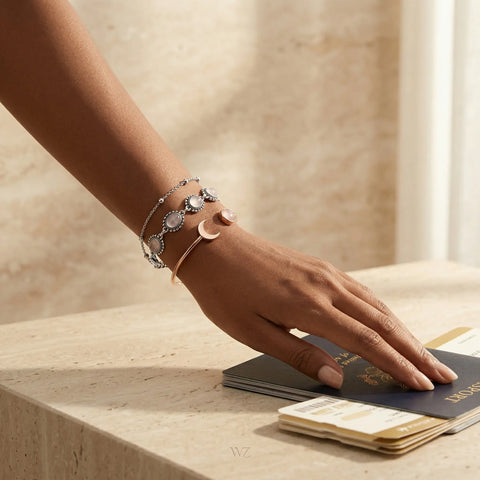Close-up of a woman’s wrist featuring a stacked jewelry look: a silver beaded chain, a rose quartz gemstone bracelet, and a rose gold crescent moon cuff, resting on a passport.