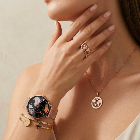 travel jewelry set for women waterproof world map watch gold bracelet necklace ring 18k gold plated on model wrist and neck