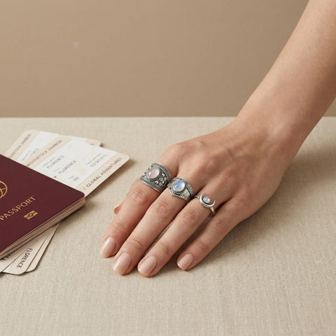 Close-up of a woman's hand wearing three silver ethnic rings: a wide rose quartz band, a moonstone statement ring, and a crescent moon ring, placed next to a passport
