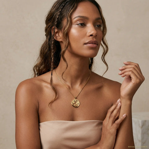 Woman wearing 18k gold plated world map necklace waterproof stainless steel in minimal setting