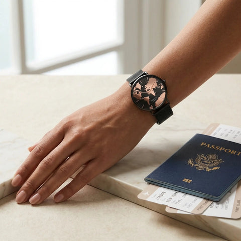 Women's waterproof watch with black reflective world map dial Woodstock Zambon worn on wrist