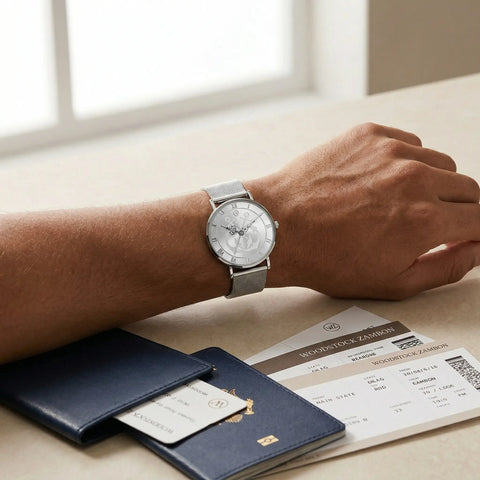 Men's anchor watch Woodstock Zambon worn on wrist with passport and travel tickets on table