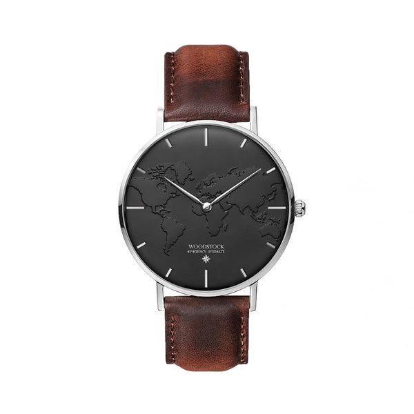 Unisex Black Dial Map Watch 36mm Genuine Leather - Noir