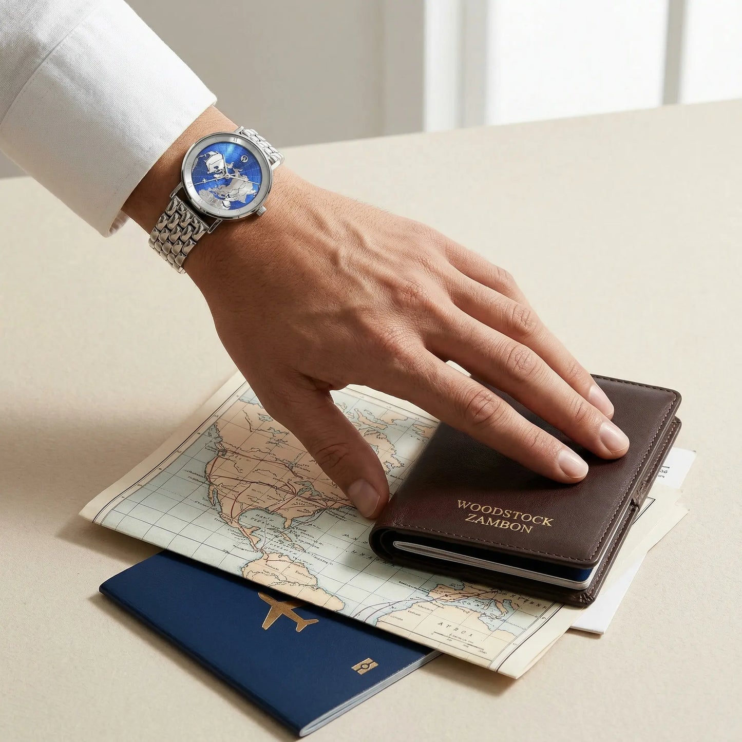 Blue world map watch by Woodstock Zambon worn on wrist with leather passport holder and vintage map