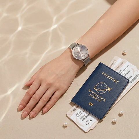 Women's waterproof watch with mother of pearl butterfly dial Woodstock Zambon worn on wrist