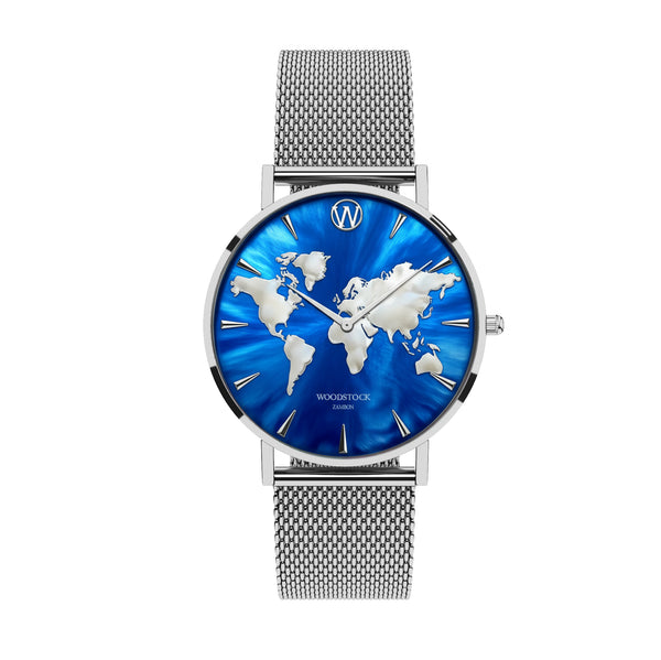 Waterproof Unisex Watch Deep Sea 36mm Raised World Map Silver Blue