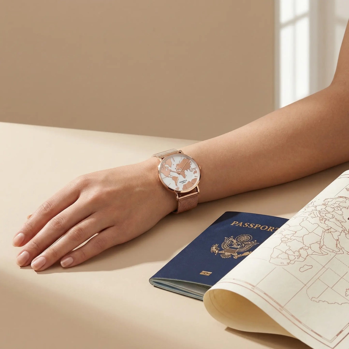 Women's waterproof 18K rose gold watch with reflective world map dial on mother of pearl background Woodstock Zambon worn on wrist