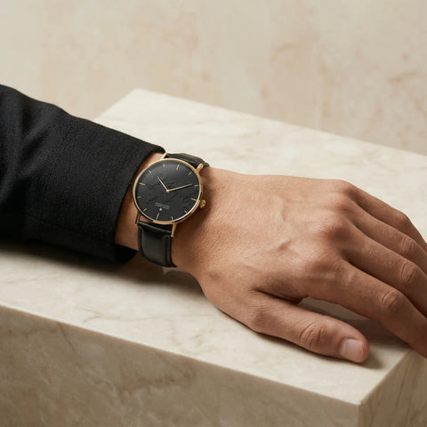 Elegant men's black watch with subtle world map dial, gold details and leather strap Woodstock Zambon