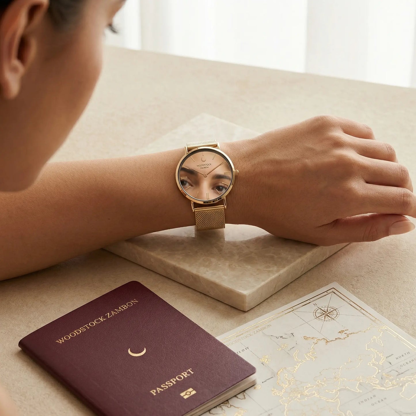 Gold women's mirror watch by Woodstock Zambon with reflective dial showing face reflection, styled with passport and map