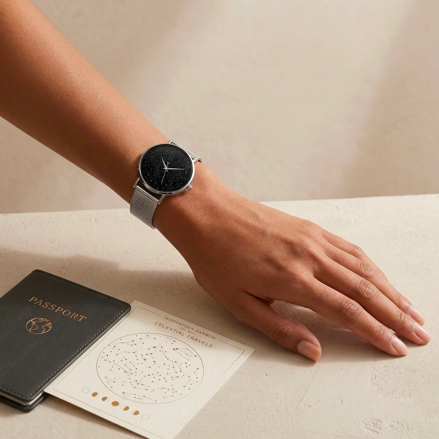 Women's waterproof watch with black goldstone dial Woodstock Zambon worn on wrist