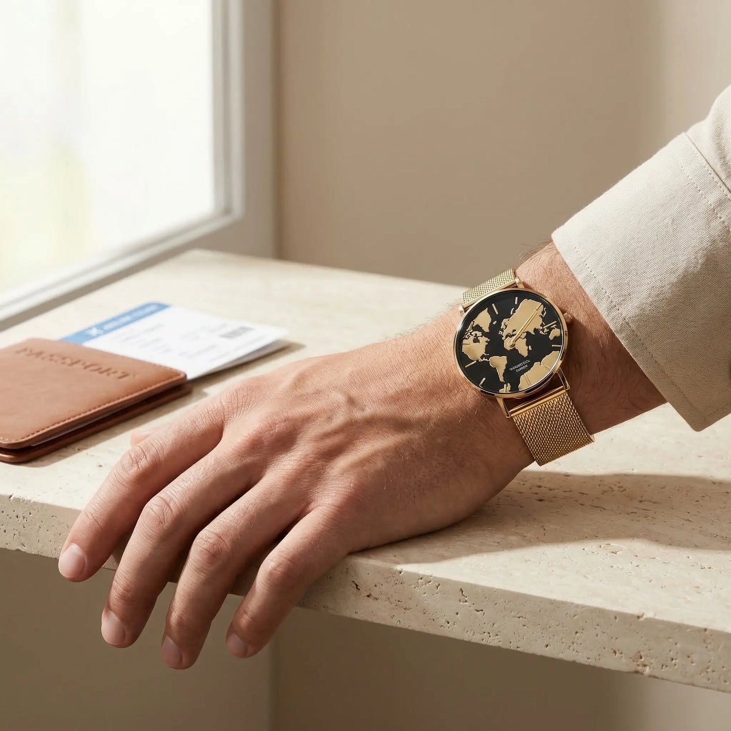 Men's waterproof 18K gold plated watch with black reflective world map dial Woodstock Zambon worn on wrist