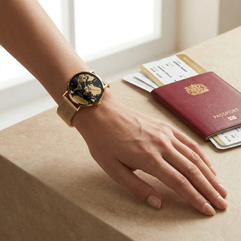 Women's waterproof 18K gold plated watch with black reflective world map dial Woodstock Zambon worn on wrist