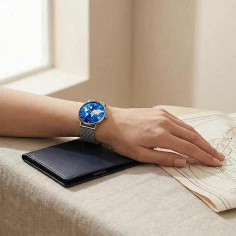 Women's waterproof watch with blue reflective world map dial on mother of pearl background Woodstock Zambon worn on wrist