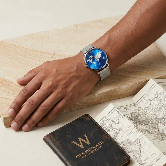 REI　ブルークレール　ミスティックウッド Waterproof Unisex Watch Deep Sea 36mm Raised World Map Silver Blue