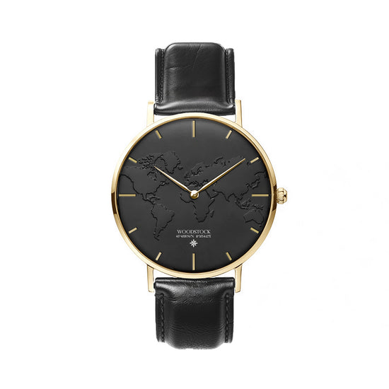 Unisex Black Dial Map Watch 36mm Genuine Leather - Noir