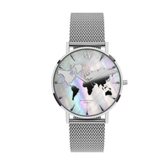 Silver Pearl World Map Waterproof Watch