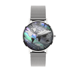 Silver Pearl World Map Waterproof Watch