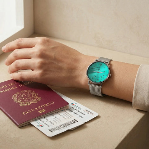 Funny quote watch by Woodstock Zambon with scattered numbers and “Who cares, I’m already late” text worn on wrist with passport and tickets