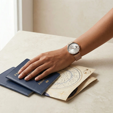 Women's rose gold moon phase watch Woodstock Zambon worn on wrist with passport and travel document
