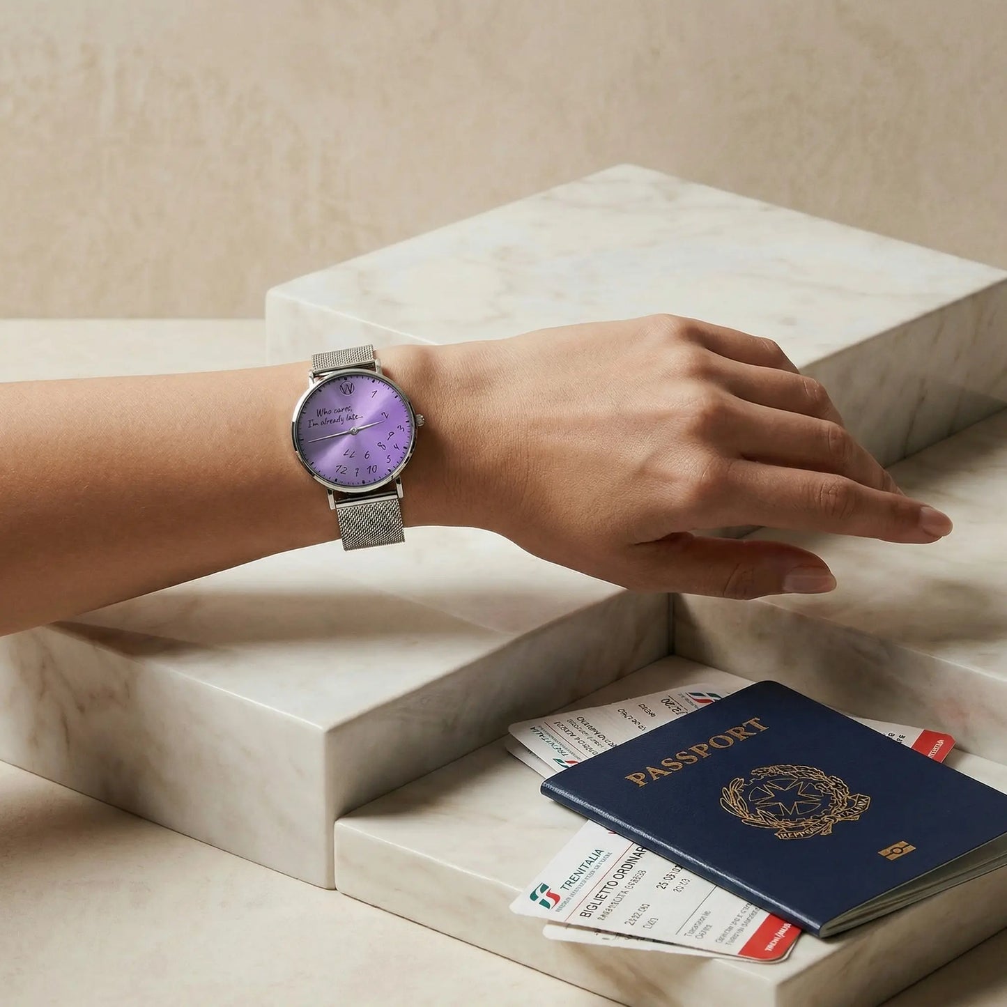 Purple funny quote watch by Woodstock Zambon with scattered numbers and “Who cares, I’m already late” text worn on wrist with passport