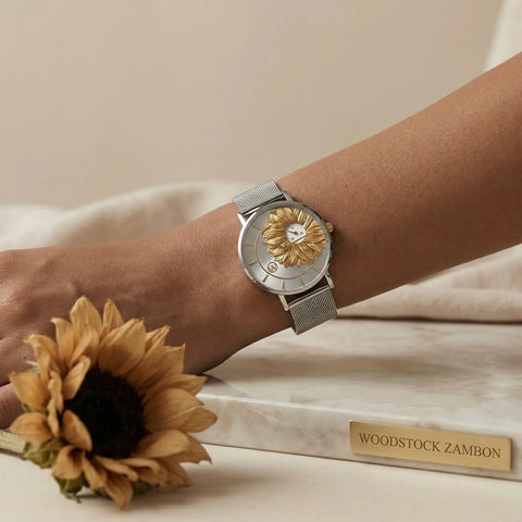 Women's sunflower watch Woodstock Zambon worn on wrist with floral design and soft neutral background