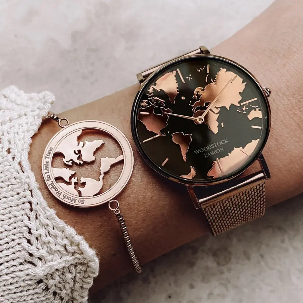 18k gold plated world map bracelet and watch with airplane charm for women, waterproof stainless steel travel jewelry on wrist 