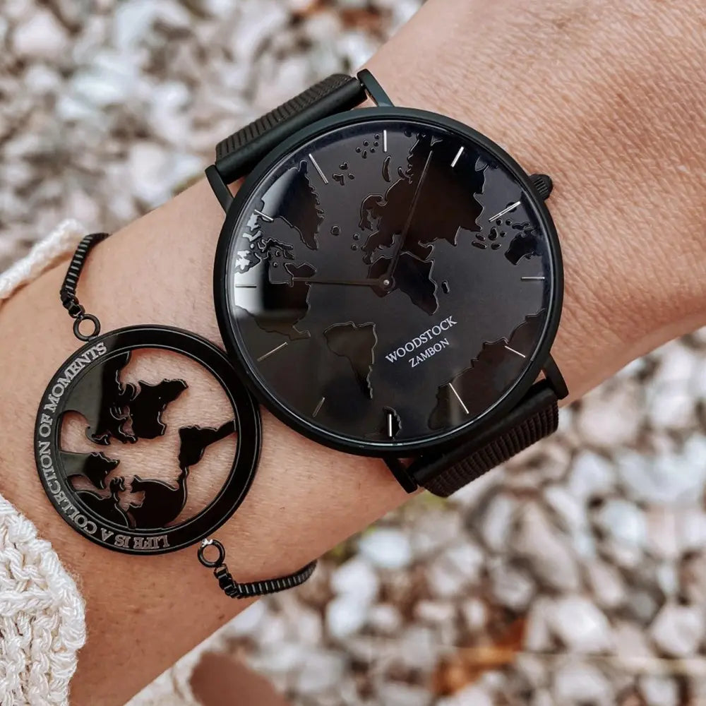 18k gold plated world map bracelet and world map watch with airplane charm for women, waterproof stainless steel travel jewelry on wrist with 